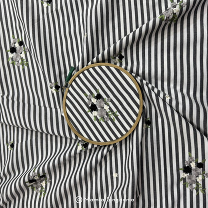 Black Floral Embroidered Mul Cotton Fabric 56"
