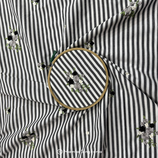 Black Floral Embroidered Mul Cotton Fabric 56"