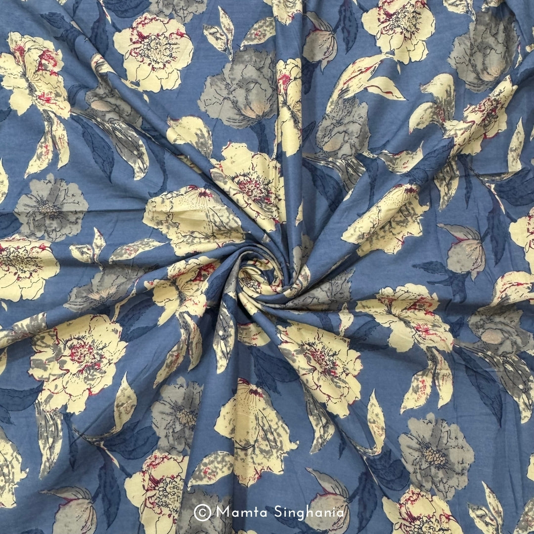 Blue Floral Printed Cotton Fabric