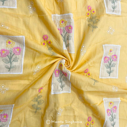 Mango Yellow Floral Embroidered Mul Chanderi Fabric