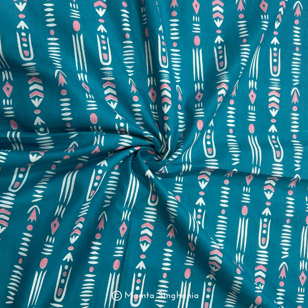 Teal Blue Abstract Printed Cotton Fabric