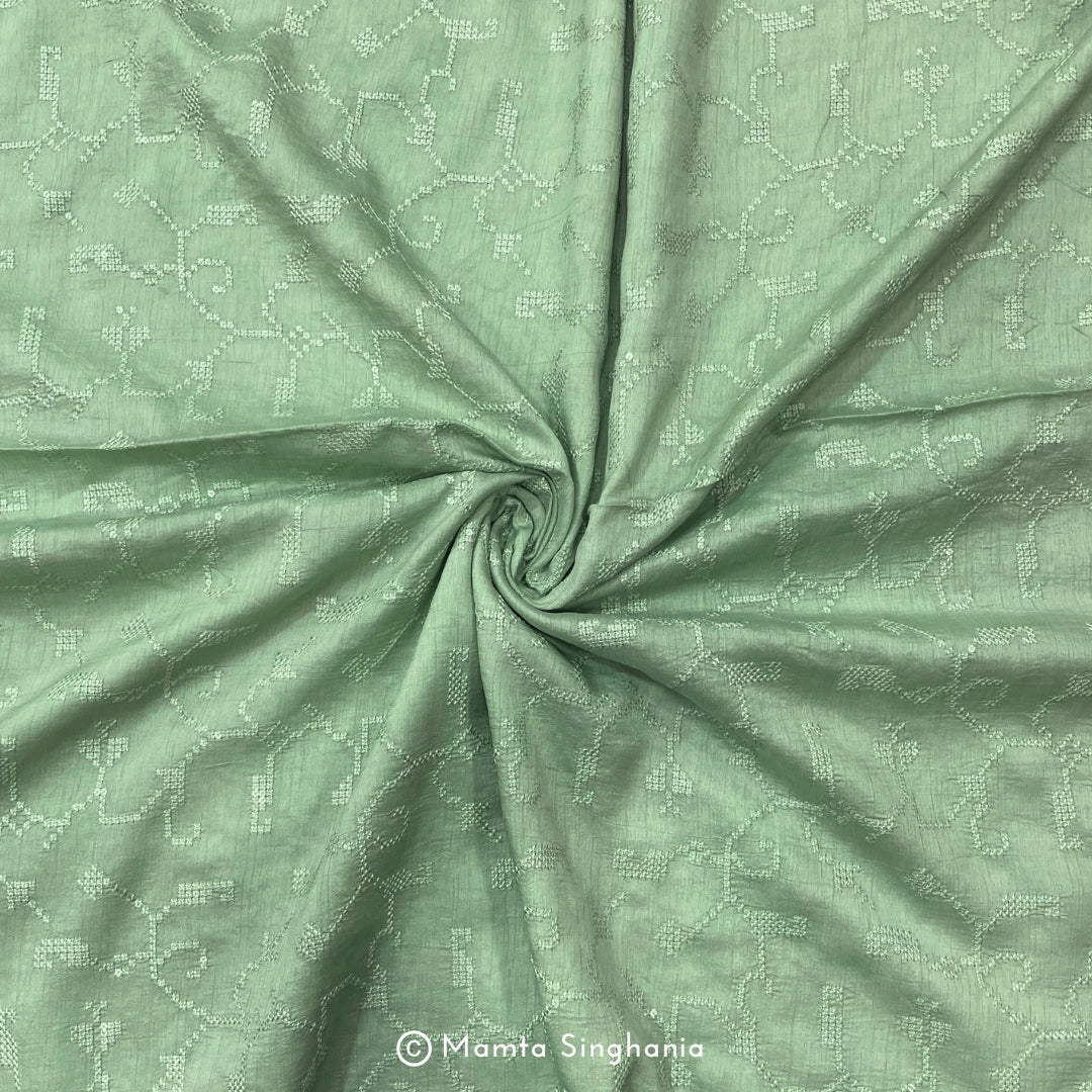 Light Green Embroidered Raw Silk Fabric