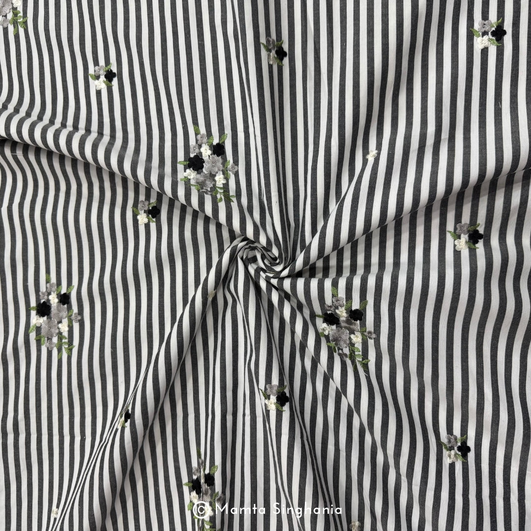 Black Floral Embroidered Mul Cotton Fabric 56"