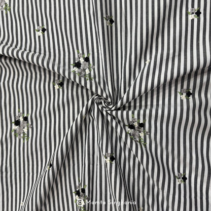 Black Floral Embroidered Mul Cotton Fabric 56"