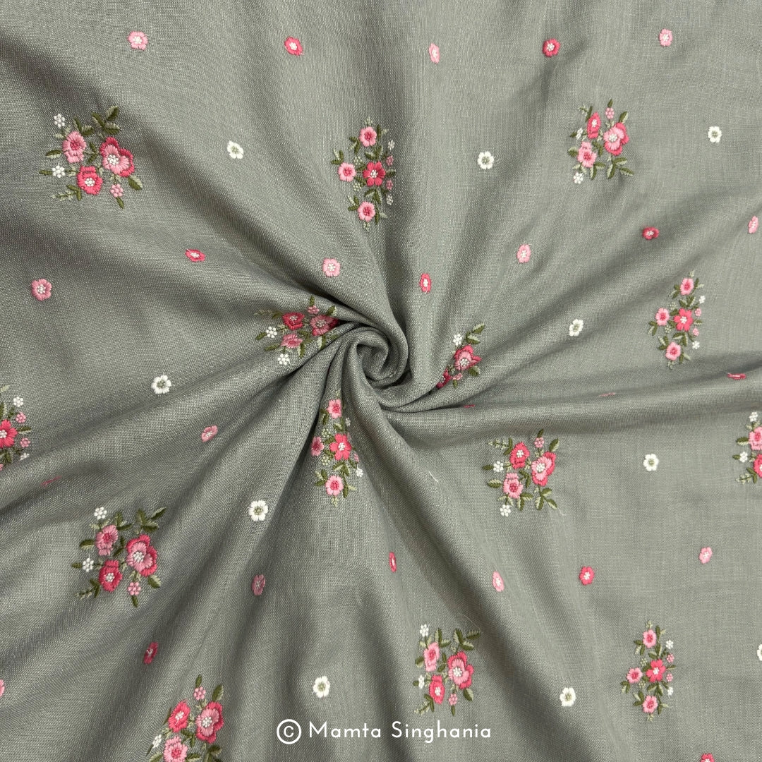 Khaki Green Floral Embroidered Linen Fabric