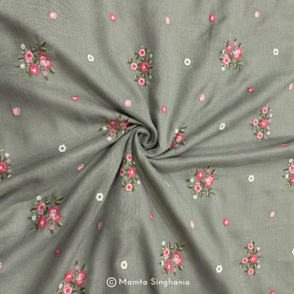 Khaki Green Floral Embroidered Linen Fabric