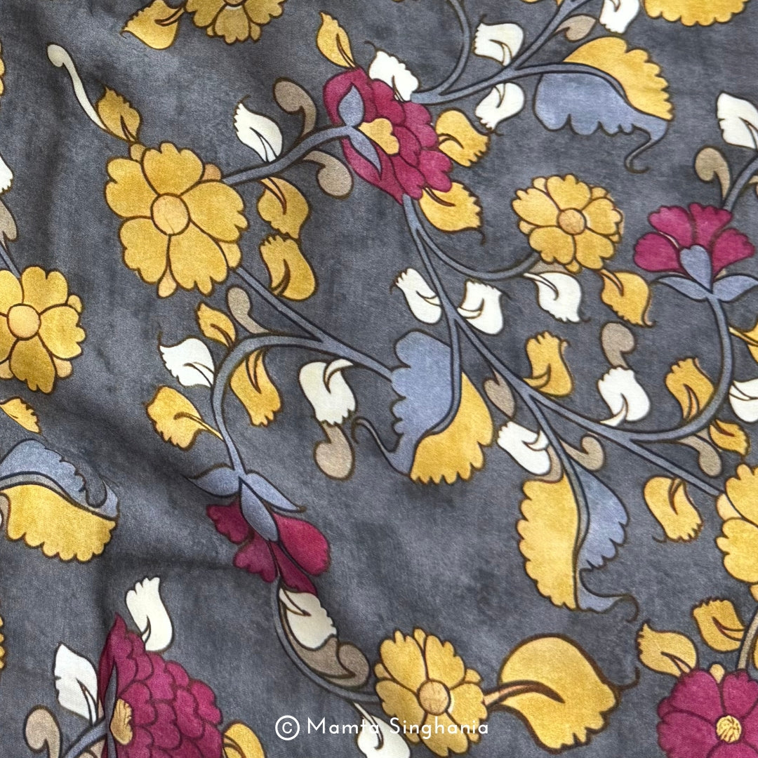 Grey Kalamkari Printed Modal Satin