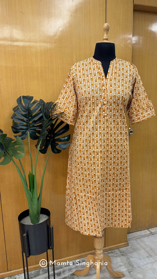 Yellow Printed Cotton A-line Kurti