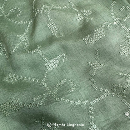 Light Green Embroidered Raw Silk Fabric