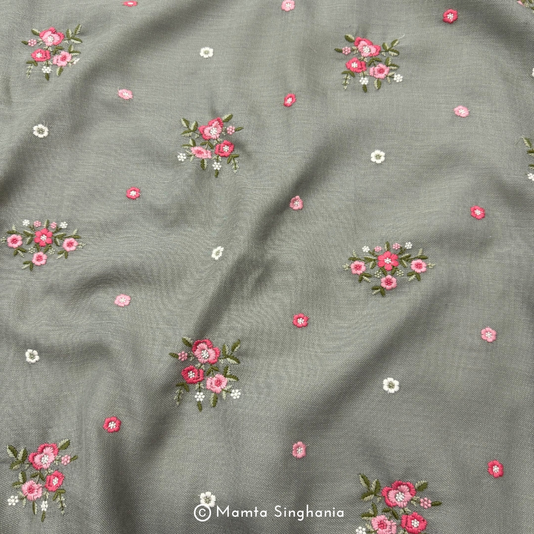 Khaki Green Floral Embroidered Linen Fabric