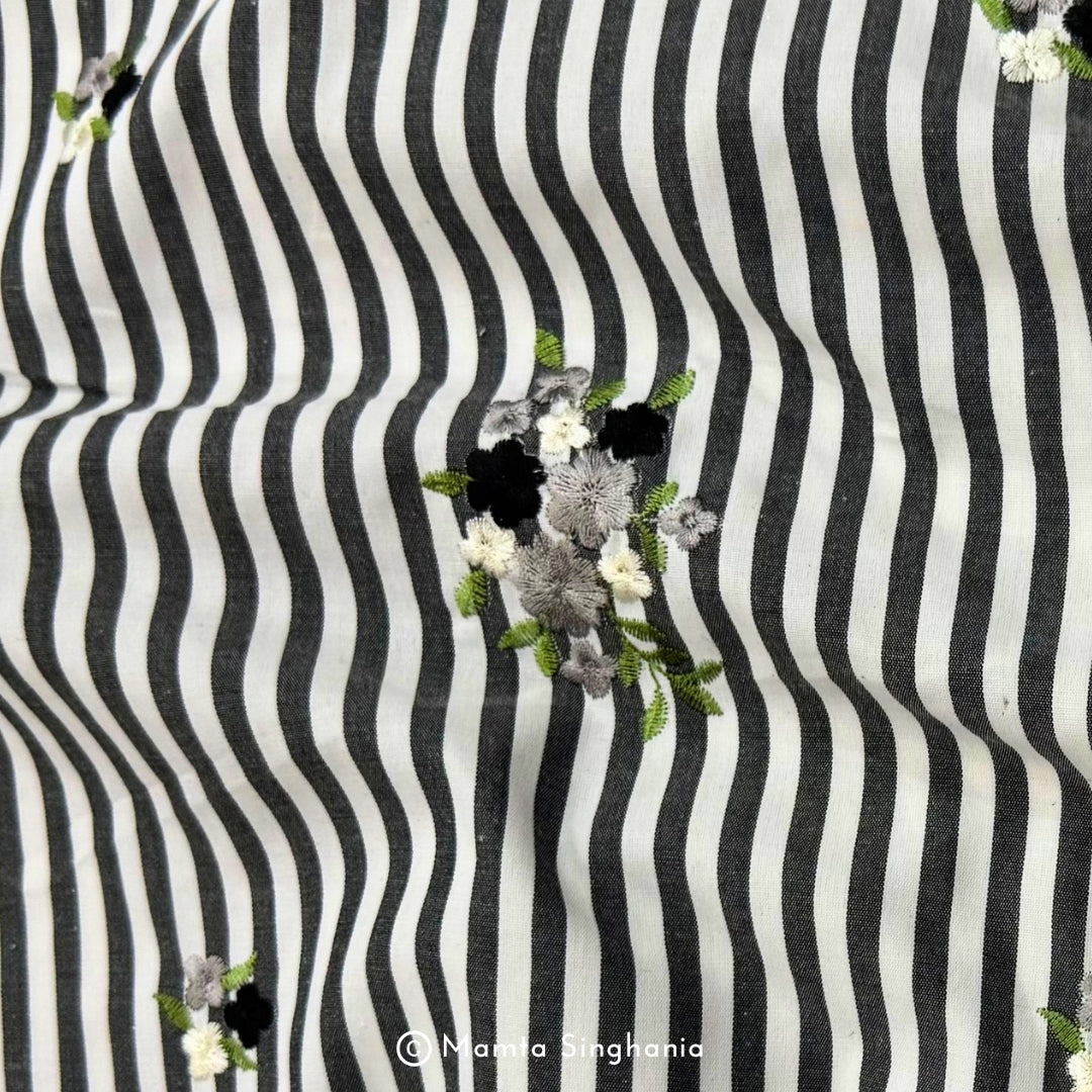 Black Floral Embroidered Mul Cotton Fabric 56"