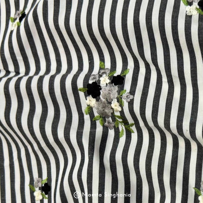 Black Floral Embroidered Mul Cotton Fabric 56"