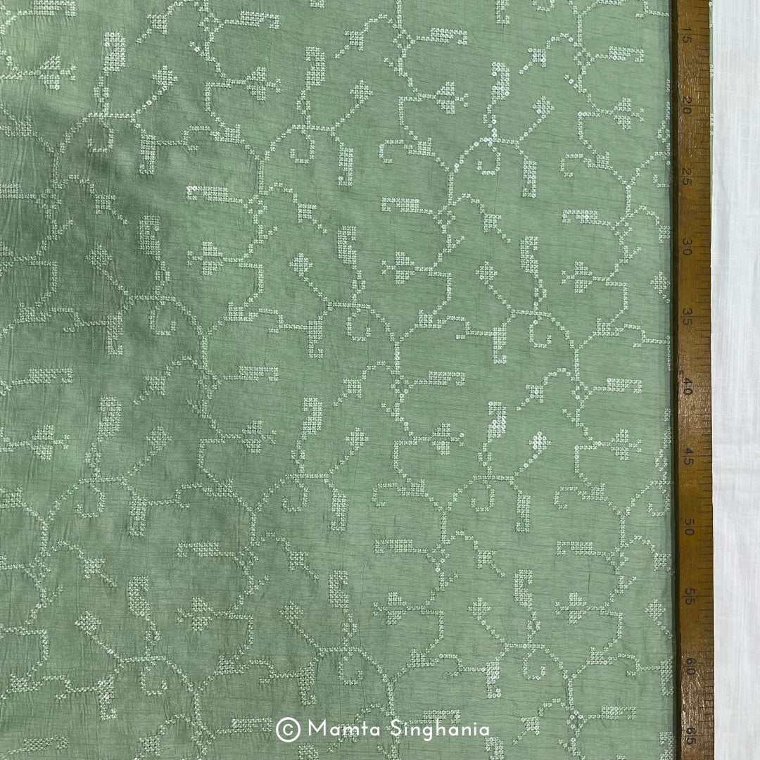 Light Green Embroidered Raw Silk Fabric