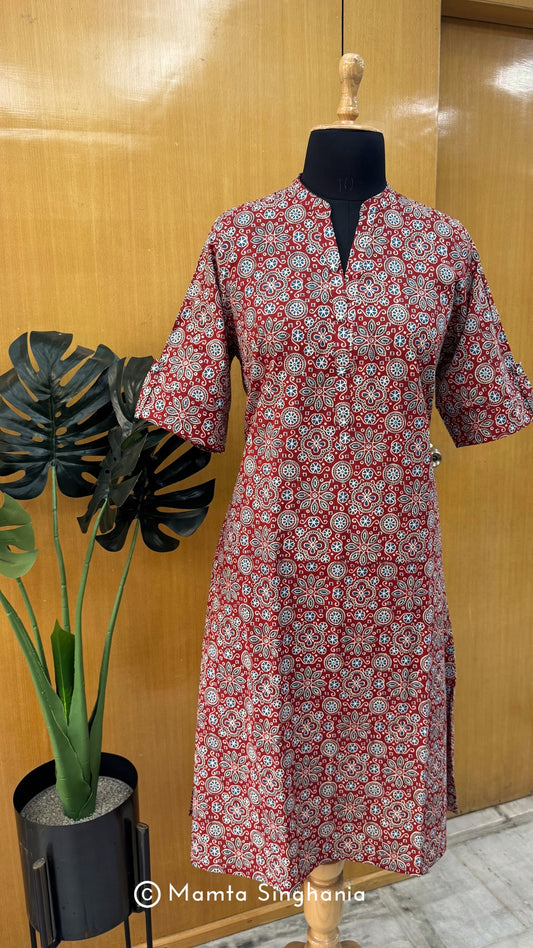 Red Printed Cotton A-line Kurti