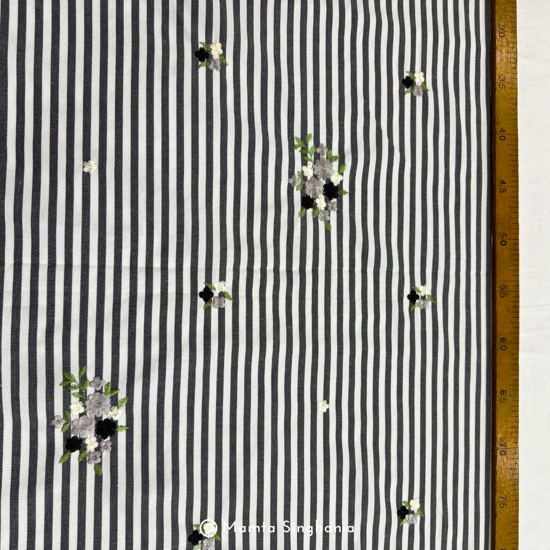 Black Floral Embroidered Mul Cotton Fabric 56"