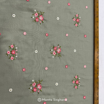 Khaki Green Floral Embroidered Linen Fabric