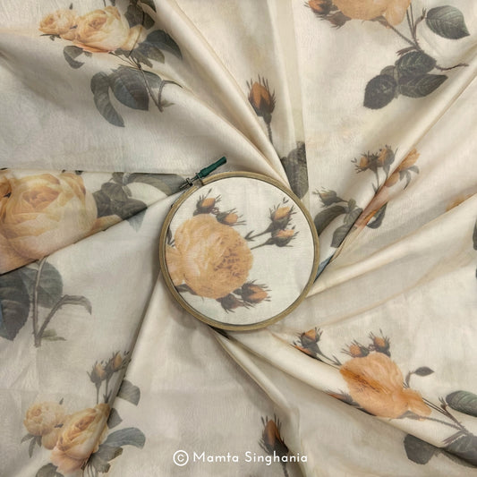 Cream Floral Printed Organza Silk Fabric