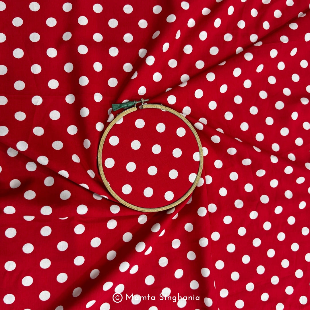 Red Polka Dot Printed Muslin Rayon Fabric