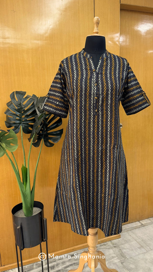 Black Printed Kantha A-line Kurti