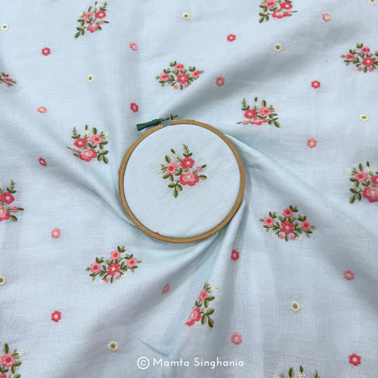 Sky Blue Floral Embroidered Linen Fabric