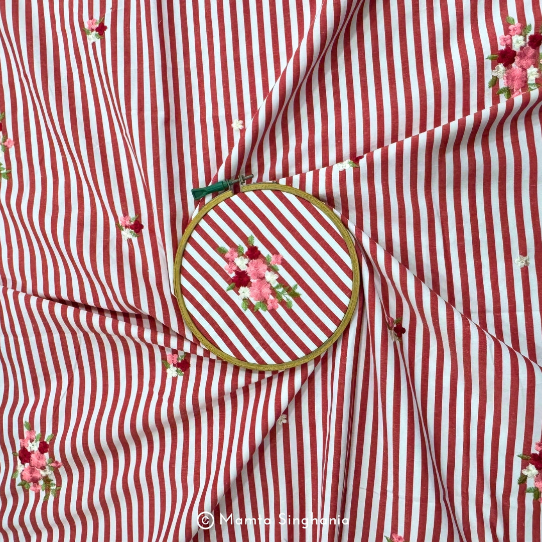 Red Floral Embroidered Mul Cotton Fabric 56"