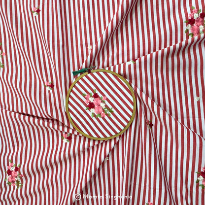 Red Floral Embroidered Mul Cotton Fabric 56"