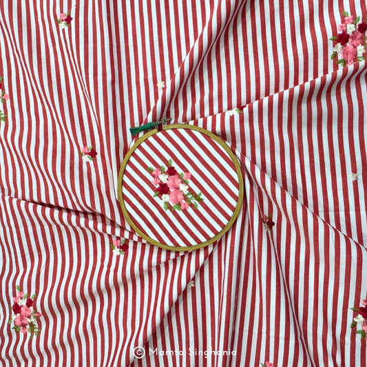 Red Floral Embroidered Mul Cotton Fabric 56"