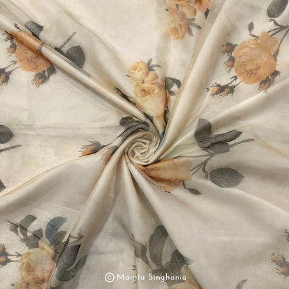 Cream Floral Printed Organza Silk Fabric
