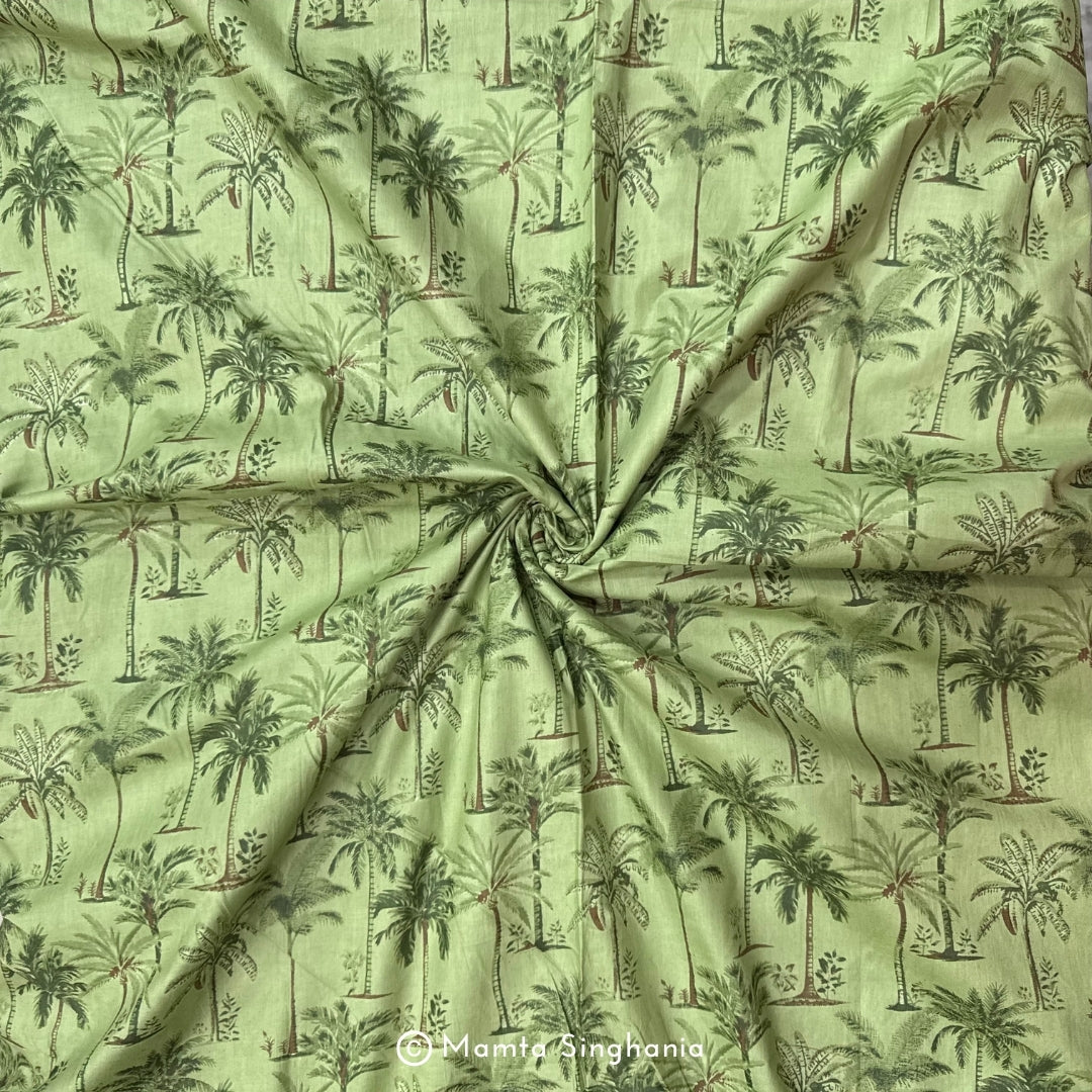 Green Coconut Tree Printed Cotton Fabric