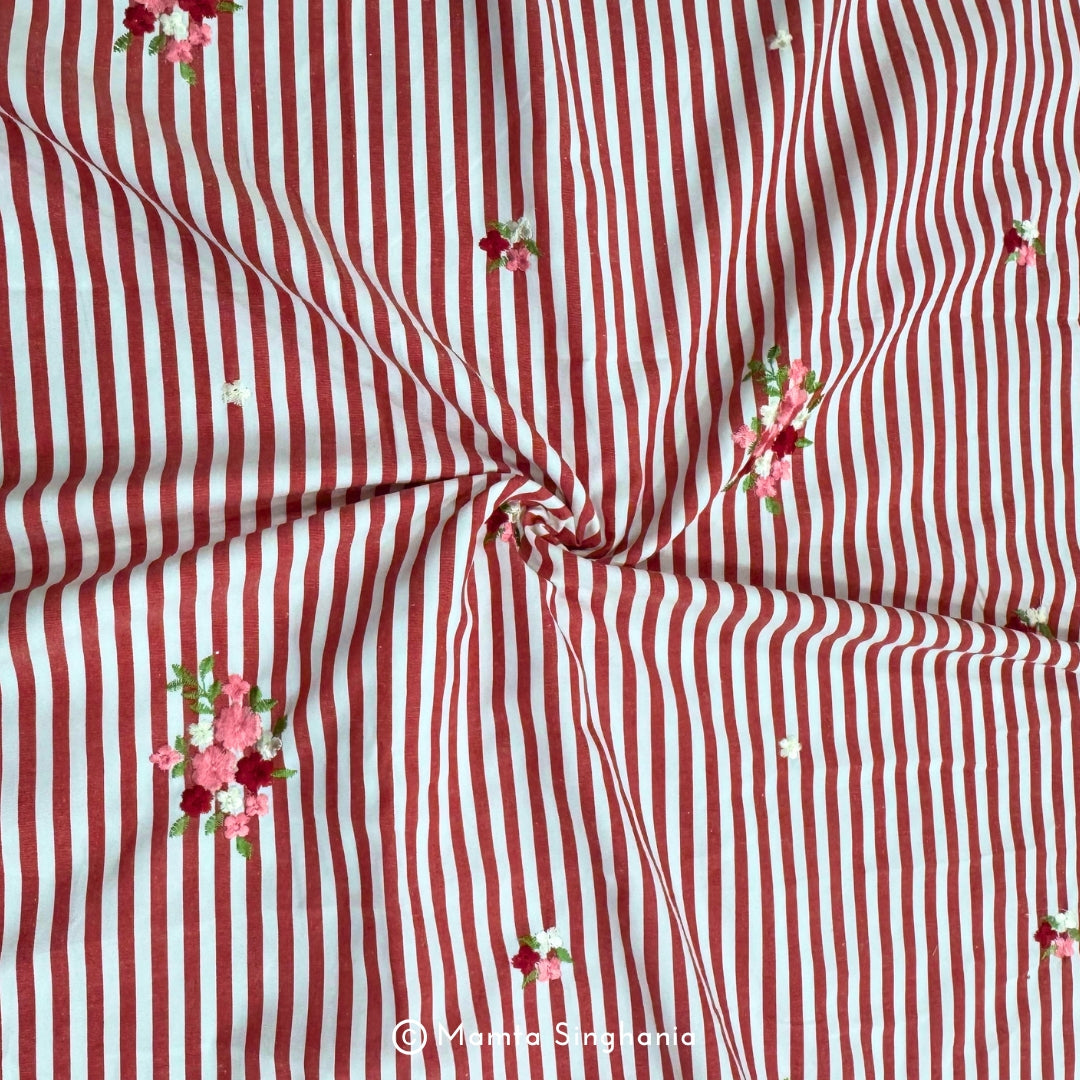 Red Floral Embroidered Mul Cotton Fabric 56"