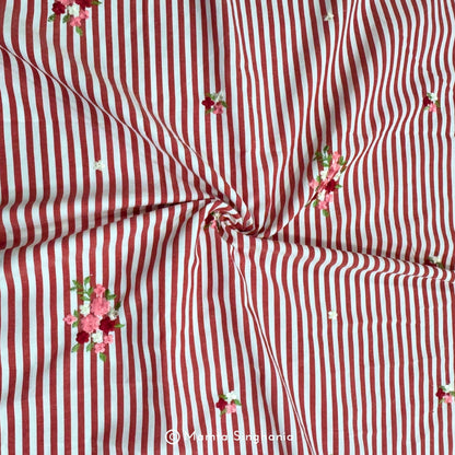 Red Floral Embroidered Mul Cotton Fabric 56"