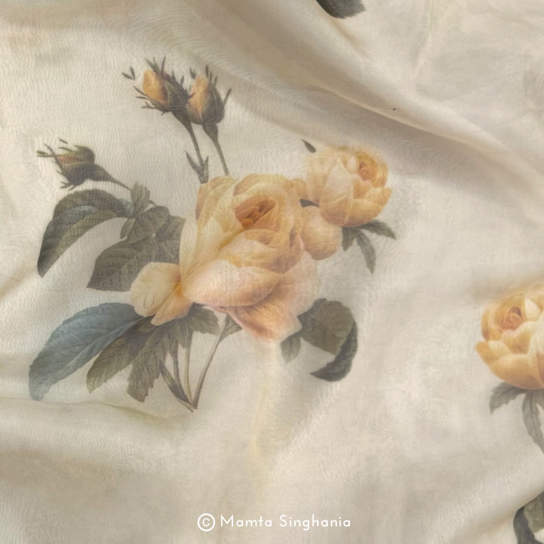 Cream Floral Printed Organza Silk Fabric