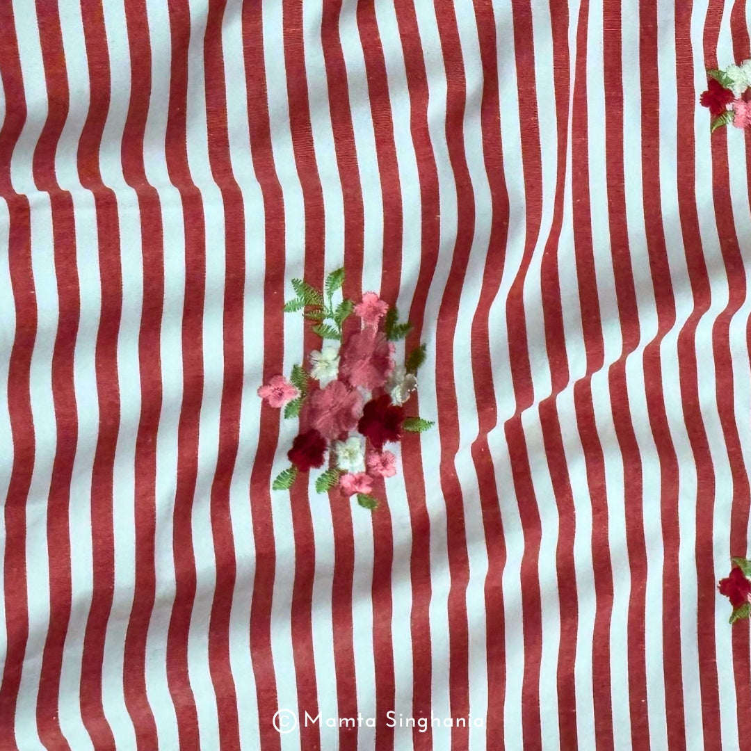 Red Floral Embroidered Mul Cotton Fabric 56"