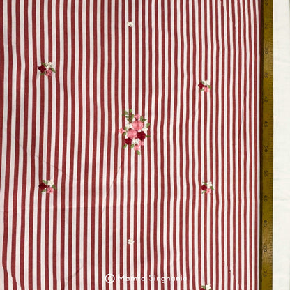 Red Floral Embroidered Mul Cotton Fabric 56"