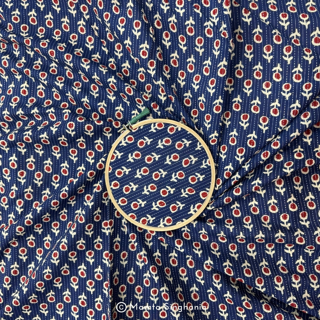Blue Red Floral Printed Kantha Cotton Fabric