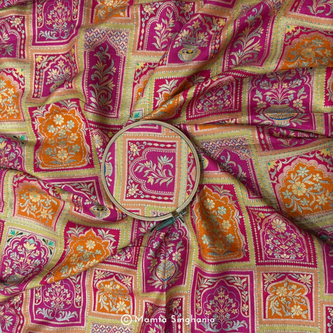 Pink Floral Banarasi Brocade Fabric