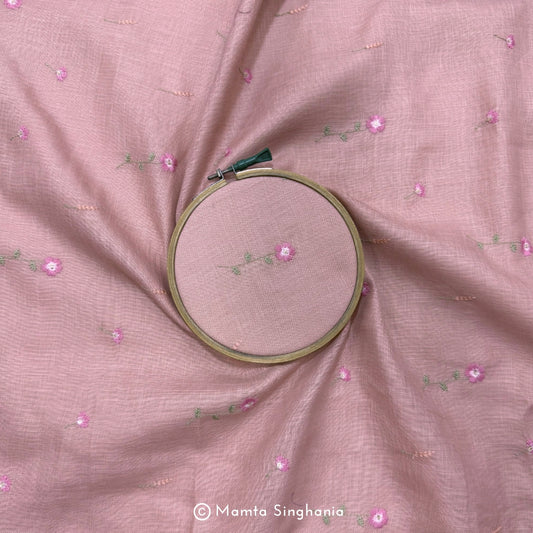 Pastel Peach Pink Floral Embroidered Linen Fabric