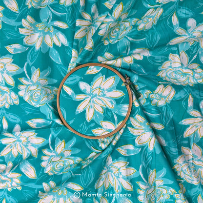 Aqua Blue Floral Printed Cotton Fabric