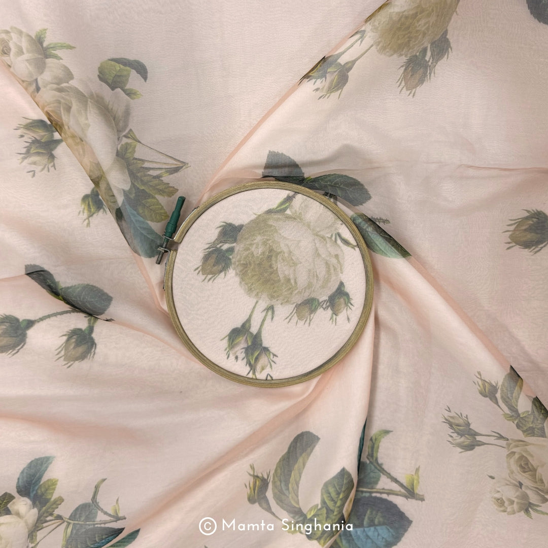 Peach Floral Printed Organza Silk Fabric