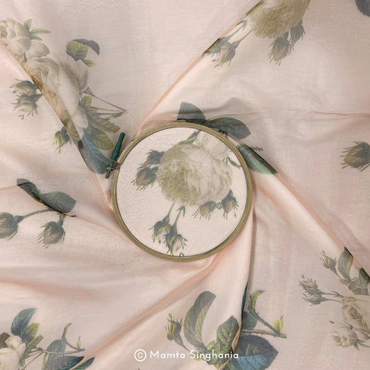Peach Floral Printed Organza Silk Fabric