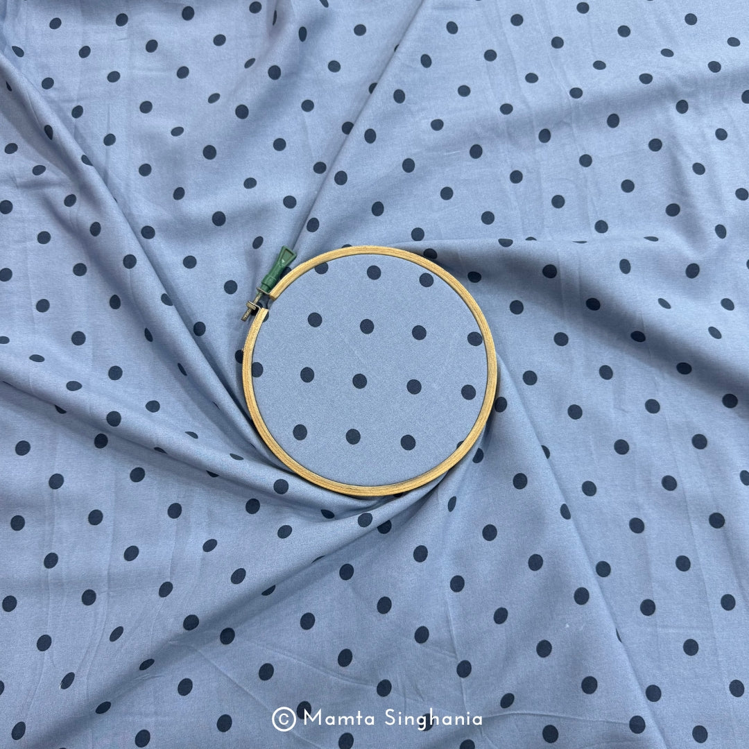 Blue Polka Dot Printed Muslin Rayon Fabric
