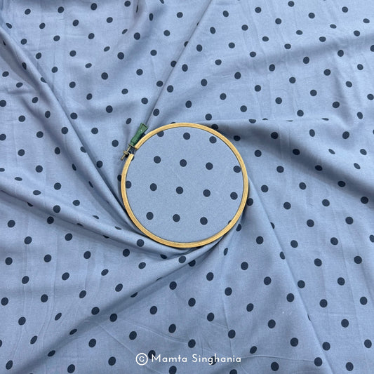 Blue Polka Dot Printed Muslin Rayon Fabric