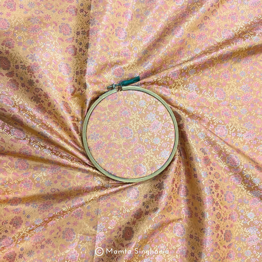 Peach Pink Floral Banarasi Brocade Katan Silk Fabric