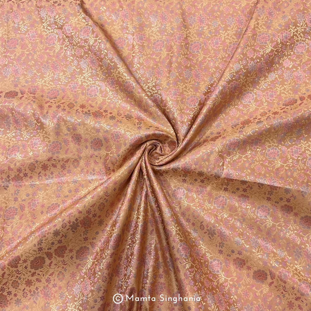 Peach Pink Floral Banarasi Brocade Katan Silk Fabric