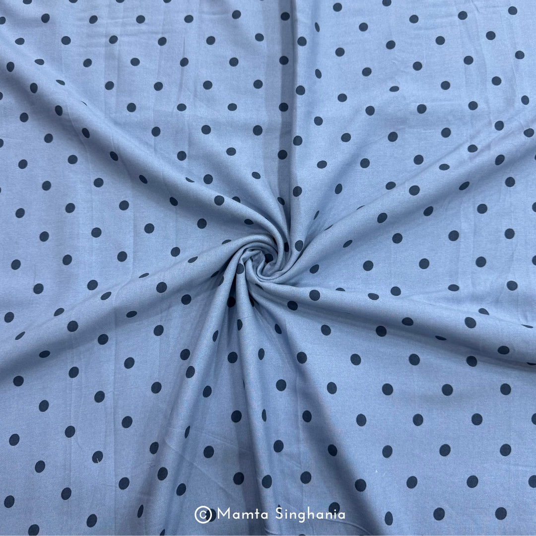 Blue Polka Dot Printed Muslin Rayon Fabric