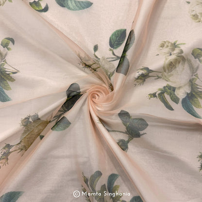 Peach Floral Printed Organza Silk Fabric