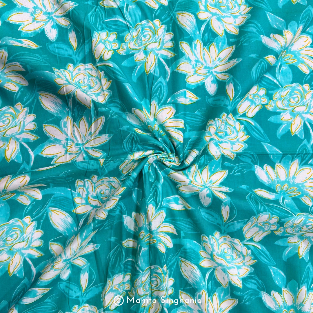 Aqua Blue Floral Printed Cotton Fabric