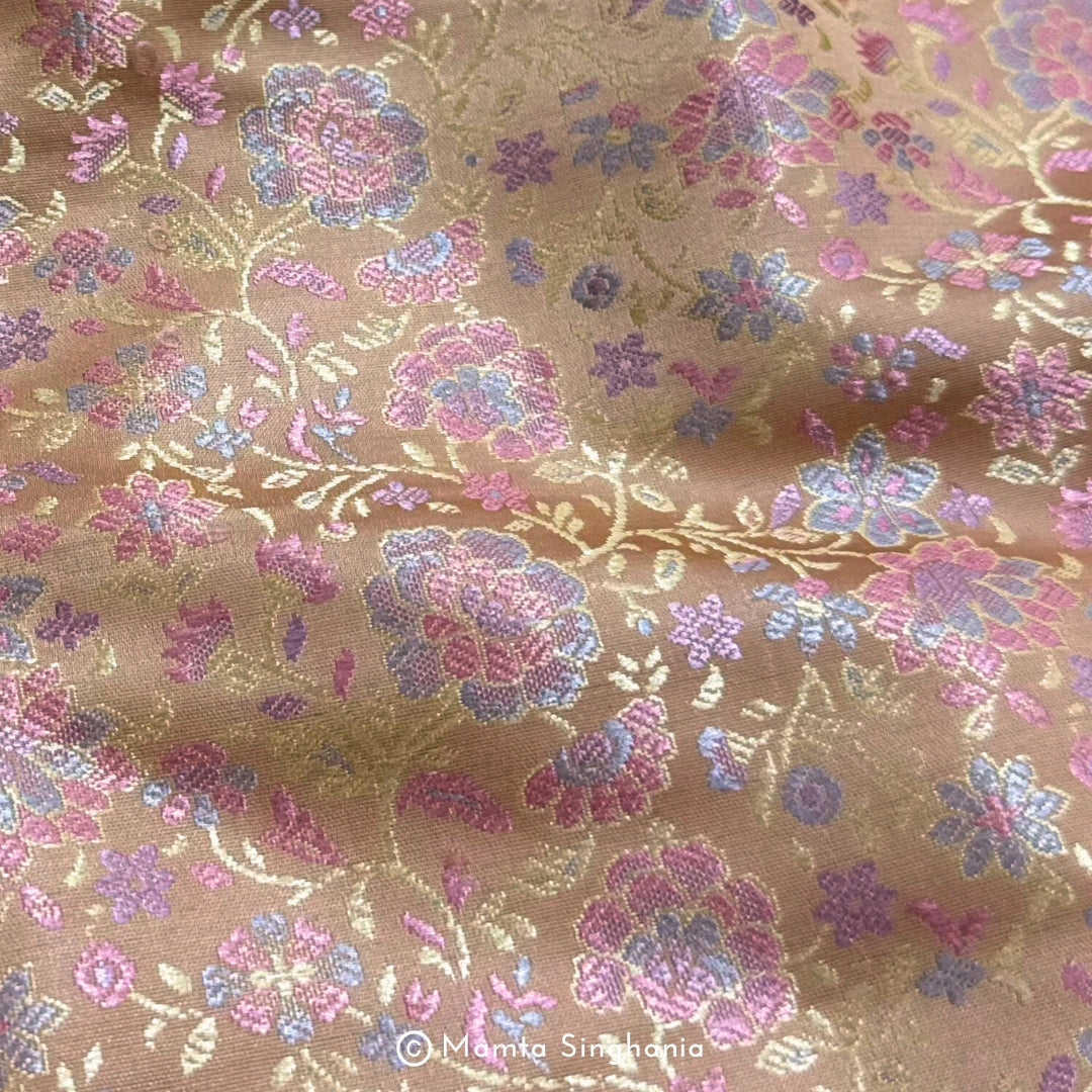Peach Pink Floral Banarasi Brocade Katan Silk Fabric
