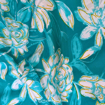 Aqua Blue Floral Printed Cotton Fabric