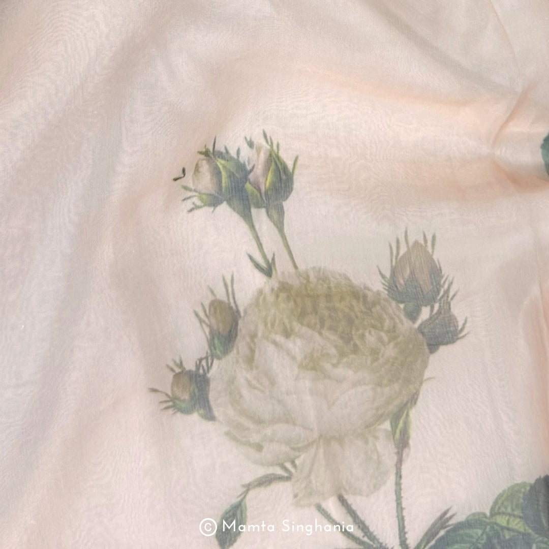 Peach Floral Printed Organza Silk Fabric